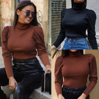 Fall Clothing Casual Solid Color Turtleneck Puff Sleeve - 0