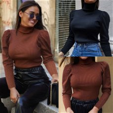 Fall Clothing Casual Solid Color Turtleneck Puff Sleeve