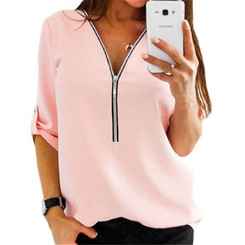 Ladies Summer Chiffon Blouse Sexy Zipper V Neck - 0