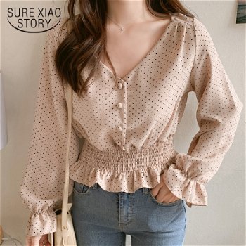 Vintage V-neck Flare Sleeve Polka Dot Women Blouse - 0