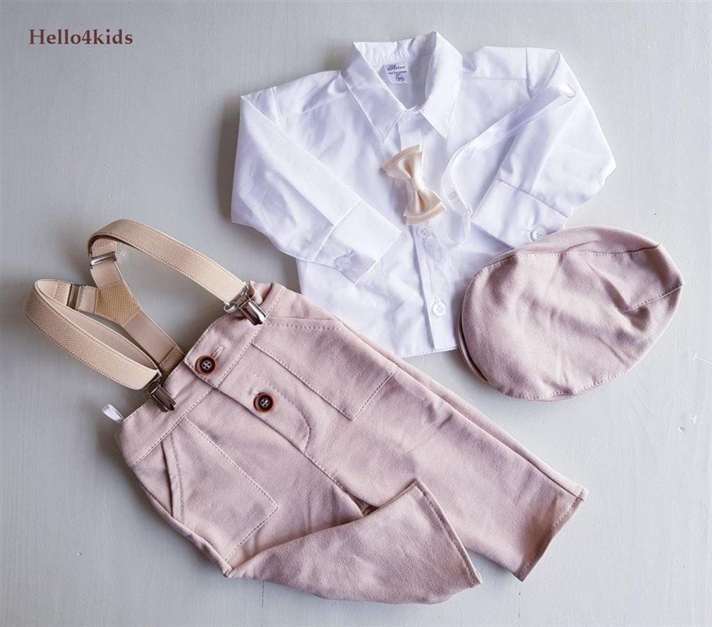 baby kostuumpje bruidsjonker pakje doop kleding bretels beige - Afbeelding 2