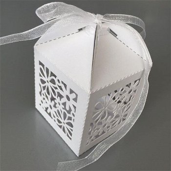 Bloemen Filigree Doosje Pearl White met Lint -10 stuks - 0