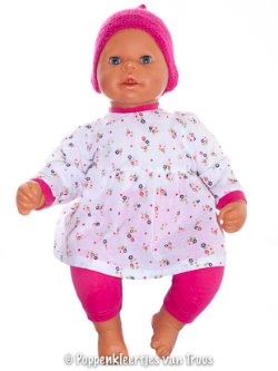 Chou Chou 48 cm Jurksetje wit/bloemetjes/fuchsia