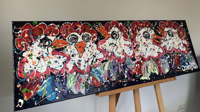Vrolijk kippenschilderij 40x120 dikke verf - Afbeelding 2