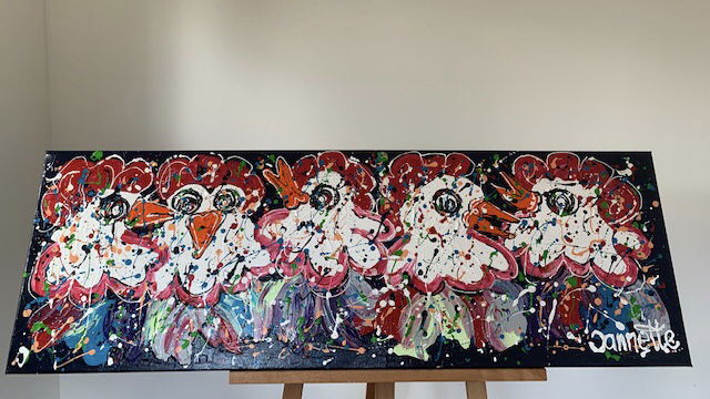 Vrolijk kippenschilderij 40x120 dikke verf - Afbeelding 7