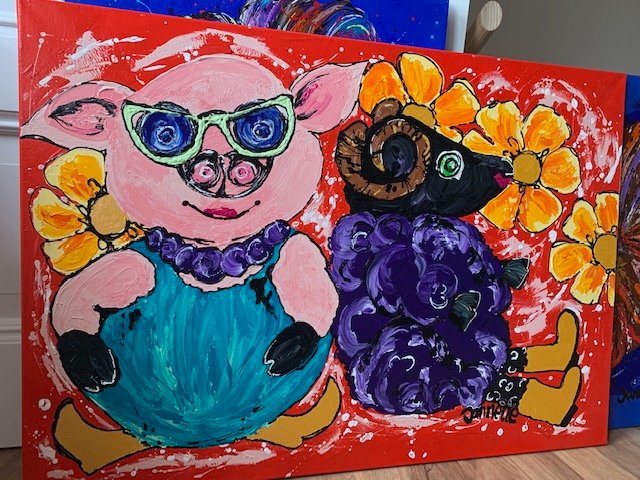 Leuke kleurrijke kinderkunst 100x70 dikke verf - Afbeelding 7