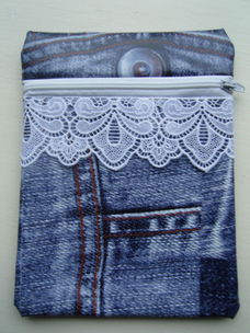 etui (make-up) van tafelzeil thema Jeans/Spijkerbroek & kant