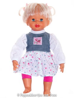 Pop 38 cm Jurksetje roze/blauwe roosjes