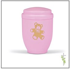 Roze urn met goudkleurige teddy beer