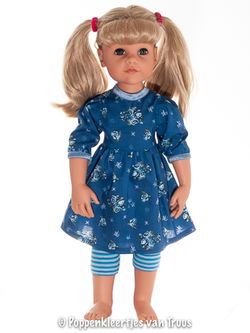 Götz pop Hannah 48/50cm Jurksetje blauwe roosjes/streep
