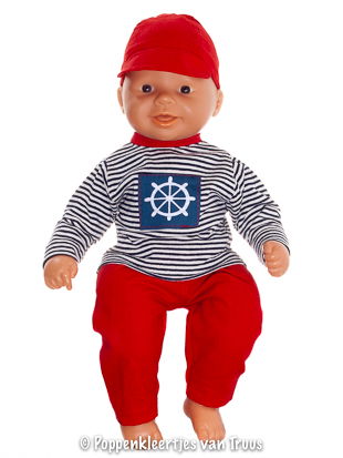 Chou Chou 36 cm 3 dlg. Jongenssetje rood/maritiem/streep - Afbeelding 3