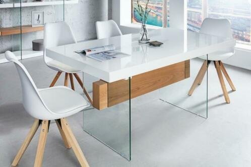 Eettafel Buenos Aires 160-200cm wit glas Oak-hout - 1