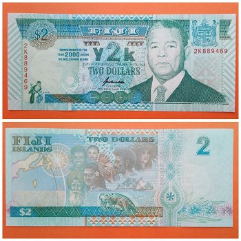 Fiji 2 Dollars 2000 P102a Millennium UNC 2K889469 - 0