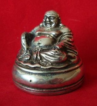 Lachende Boeddha, silverplated bronzen beeldje - 1