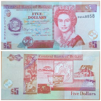 Belize 5 Dollars dolares 2011 Pick 67e UNC DQ 548857 - 0
