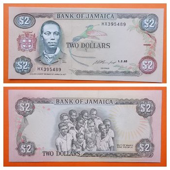 Jamaica 2 Dollars 1993 P-69e Unc s_n HX395489 - 0