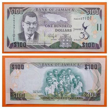 Jamaica 100 Dollars 2012 P-90 50th COMM Unc s_n AWQ597101 - 0