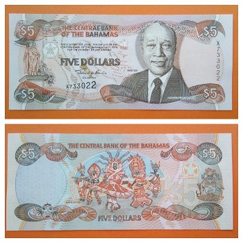 Bahamas 5 Dollars 2001 P63b Unc S/N X 733022 - 0