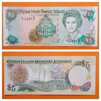 Cayman Islands 5 Dollars 1998 P-22 Unc S/N C1016813 - 0