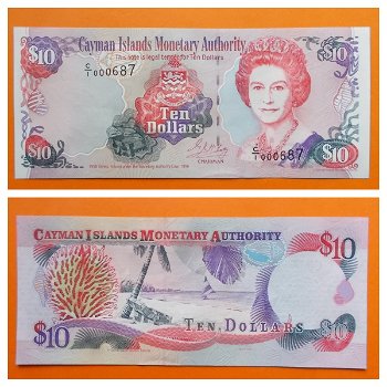 Cayman Islands 10 Dollars 1998 P-23 Unc S/N C1000687 - 0