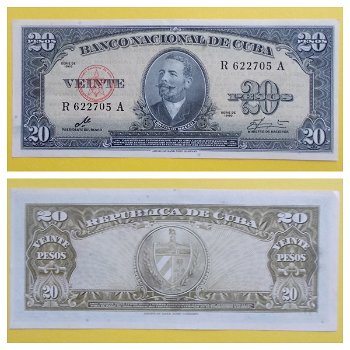 Cuba 20 Pesos 1960 P-80c AU Antonio Maceo S/N R622705A - 0