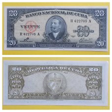 Cuba 20 Pesos 1960 P-80c AU Antonio Maceo   S/N R622705A