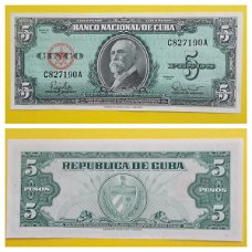 Cuba  5 Pesos 1960 P-92a Unc Maximo Gomez  S/N C827190A