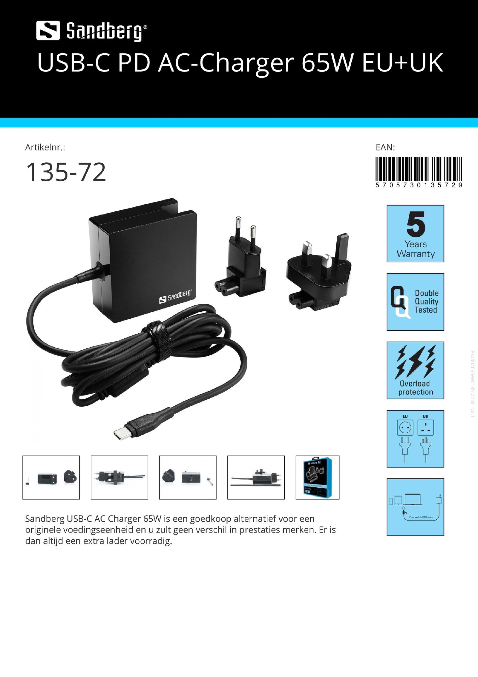 USB-C PD AC-Charger 65W EU + UK - nr. 1