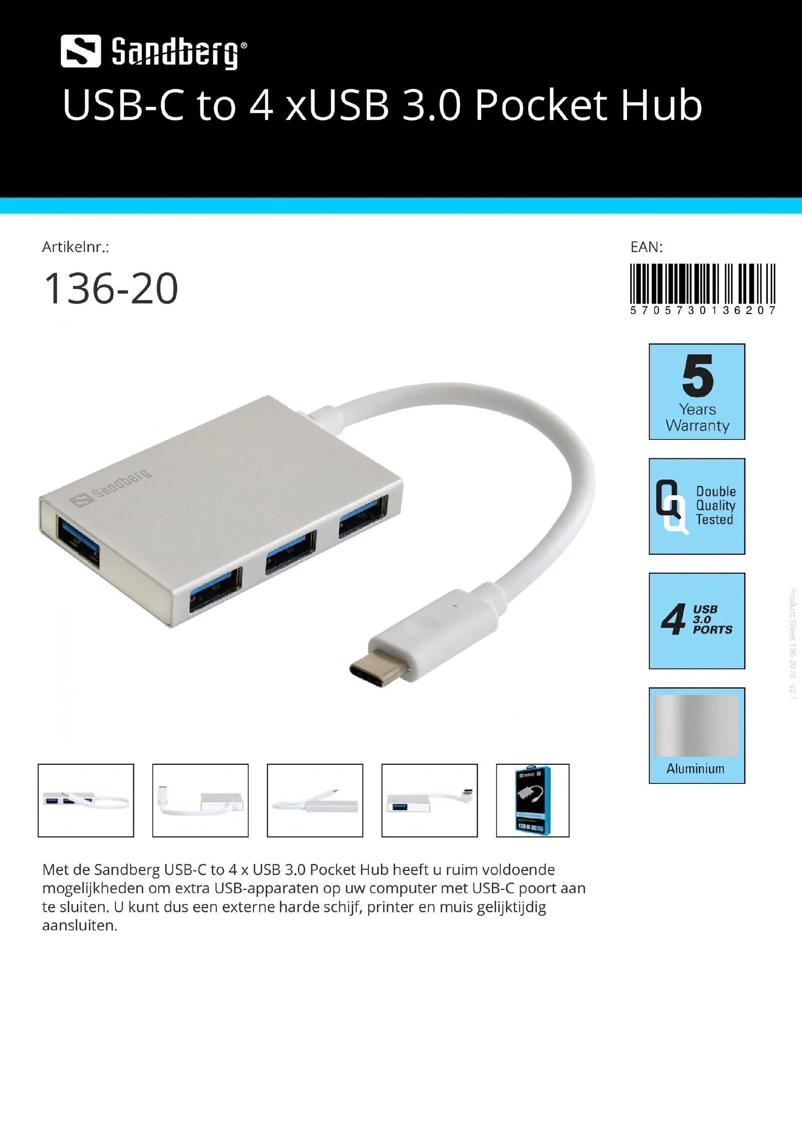 USB-C to 4x USB 3.0 Pocket Hub extra USB-apparaten op uw computer met USB-C poort aan te sluiten - nr. 1