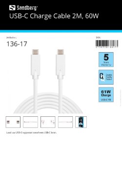 USB-C Charge Cable 2M 60W Laad uw USB-C-apparaat vanaf een USB-C bron