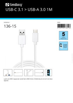 USB-C 3.1 > USB-A 3.0 1M Laad USB-C-apparaat vanaf USB-A bron Ondersteunt stroom en data-signaal