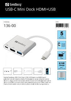 USB-C Mini Dock HDMI + USB USB-C poort om tweede scherm, TV, projector op computer aansluiten