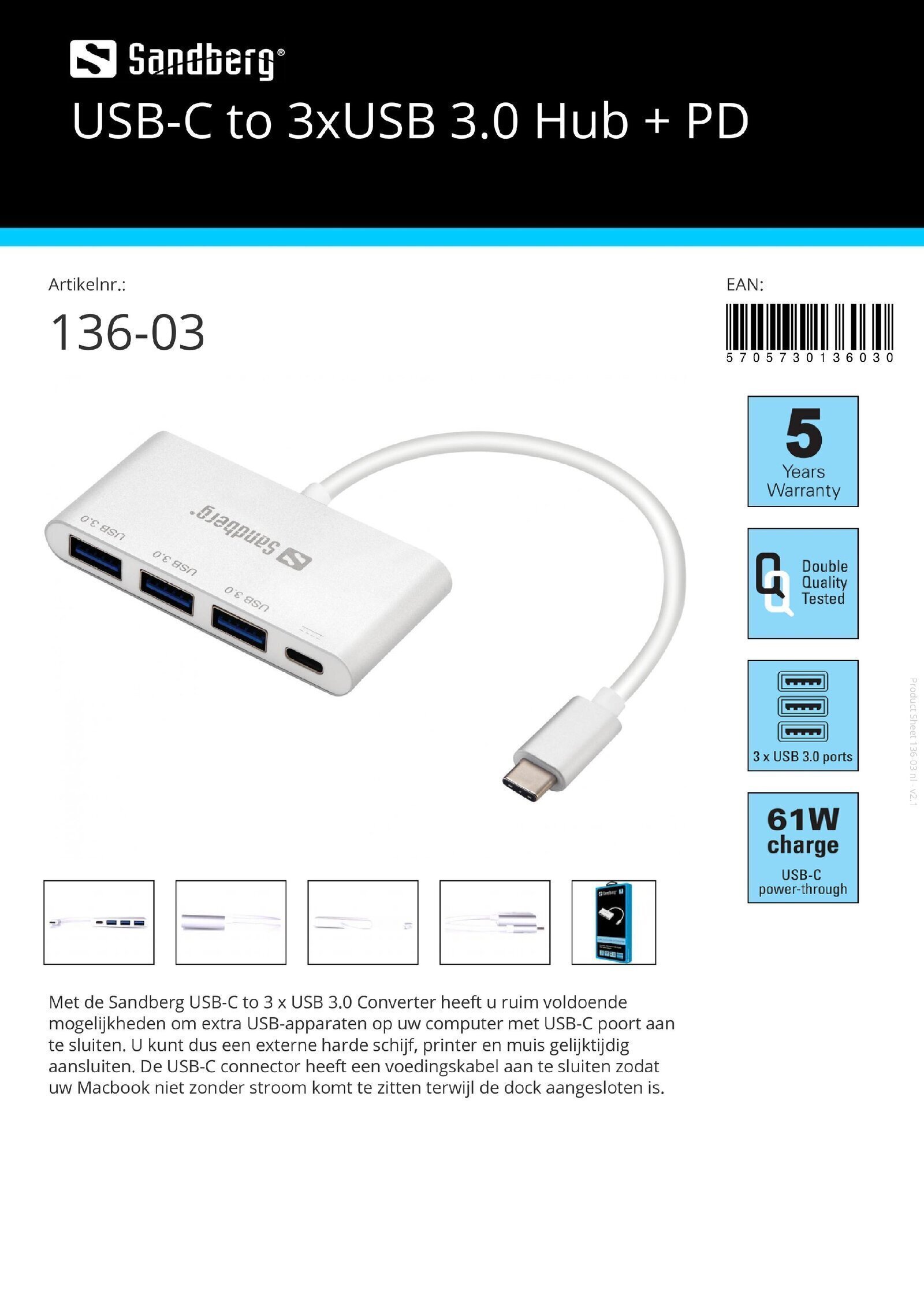 USB-C to 3x USB 3.0 Hub + PD - nr. 1