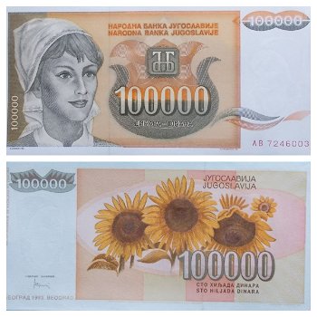 Joegoslavie 100000 Dinara 1993 P-118 UNC S/N AB7246003 - 0