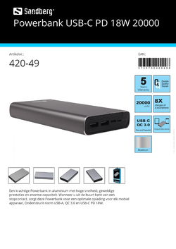 Powerbank USB-C PD 18W 20000 optimale oplading voor elk mobiel apparaat