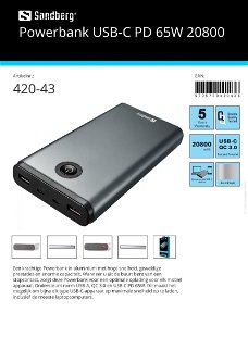 Powerbank USB-C PD 65W 20800  optimale oplading voor elk mobiel apparaat inclusief de meeste laptops