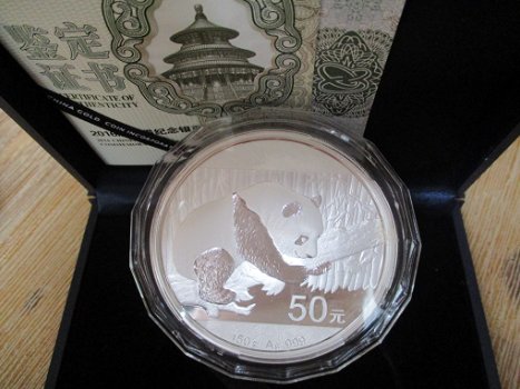 China Panda 50 Yuan zilver 2016 Proof 150 gram zilver CoA, Box - 1