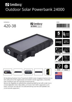 Outdoor Solar Powerbank 24000 draagbare batterij via USB-poort of ingebouwde zonnecellen opgeladen