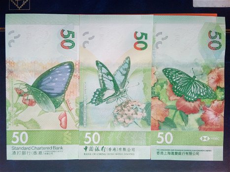 Hong Kong 50 Dollars 2019 P-new Set 3 Bankbiljetten Vlinders UNC - 0