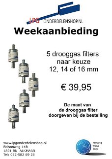 Weekaanbieding 5 LPG drooggas filters naar keuze 12,14 of 16 mm