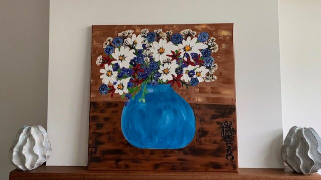 Blauwe vaas met bloemen “ kunst” - nr. 1