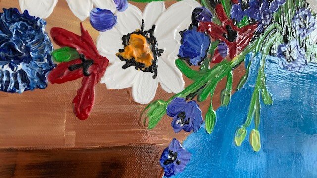 Blauwe vaas met bloemen “ kunst” - Afbeelding 4