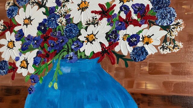 Blauwe vaas met bloemen “ kunst” - Afbeelding 5