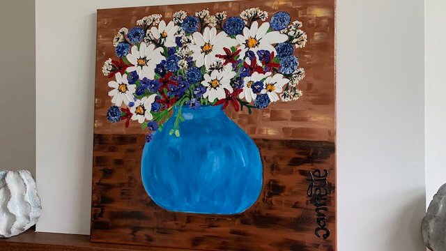 Blauwe vaas met bloemen “ kunst” - Afbeelding 7