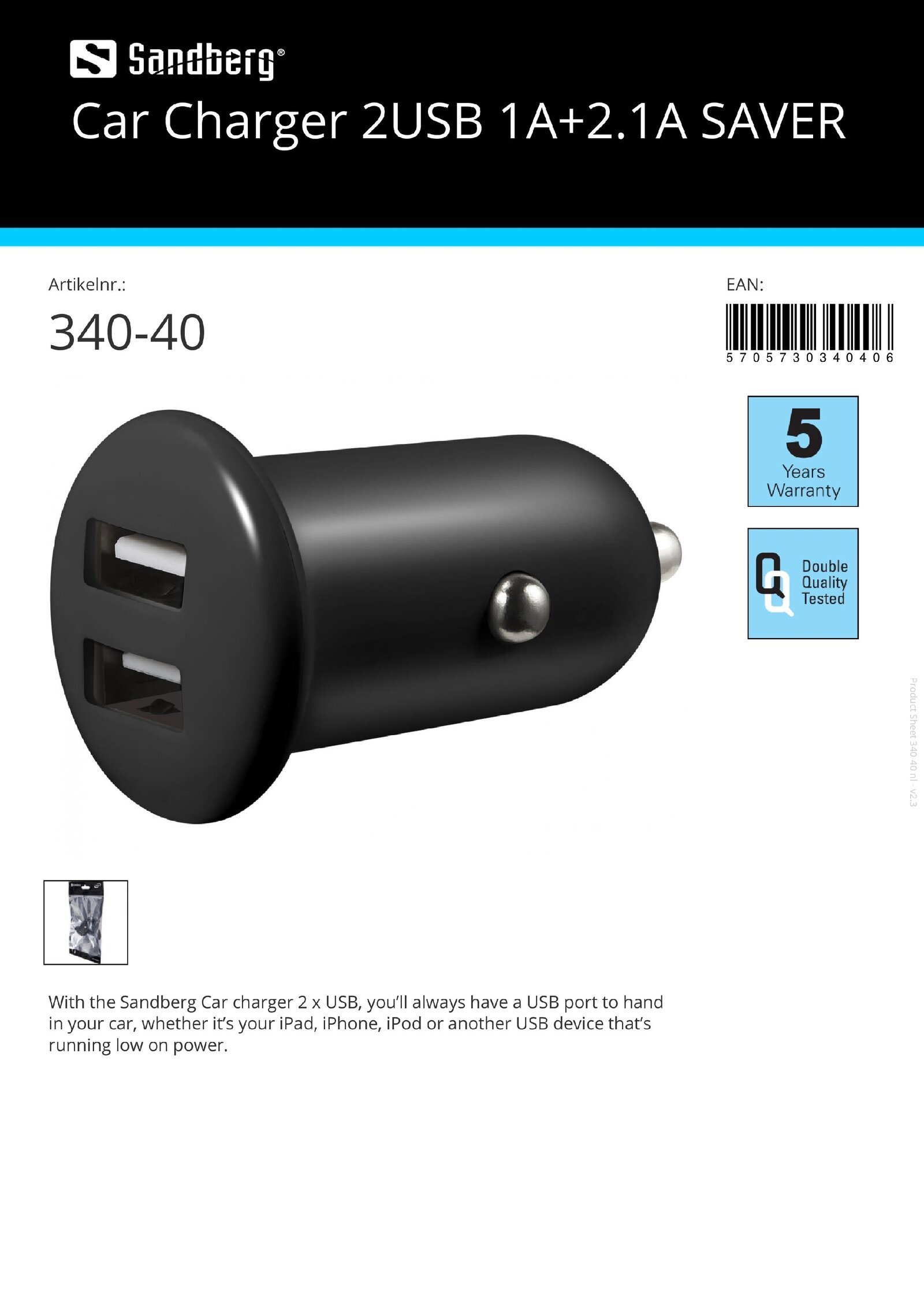 Car Charger 2x USB 1A + 2.1A SAVER Auto oplader 2x USB 1A +2.1A Saver - nr. 1