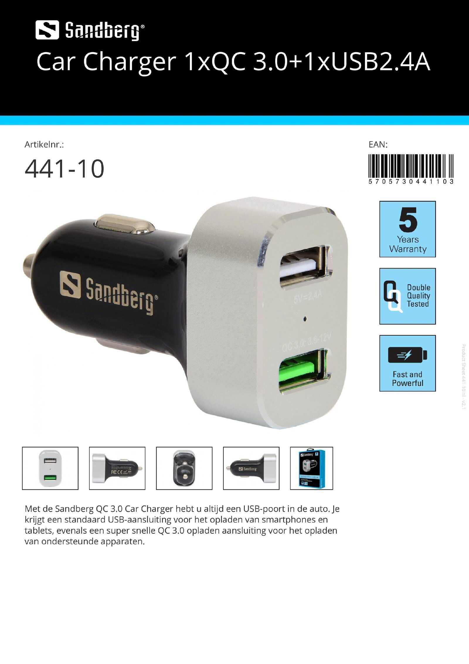 Car Charger 1x QC 3.0 + 1x USB 2.4A auto lader 1x QC 3.0 + 1x USB 2.4A - nr. 1