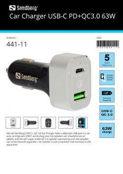 Car Charger USB-C PD + QC 3.0 63W autolader USB-C PD + QC 3.0 63W
