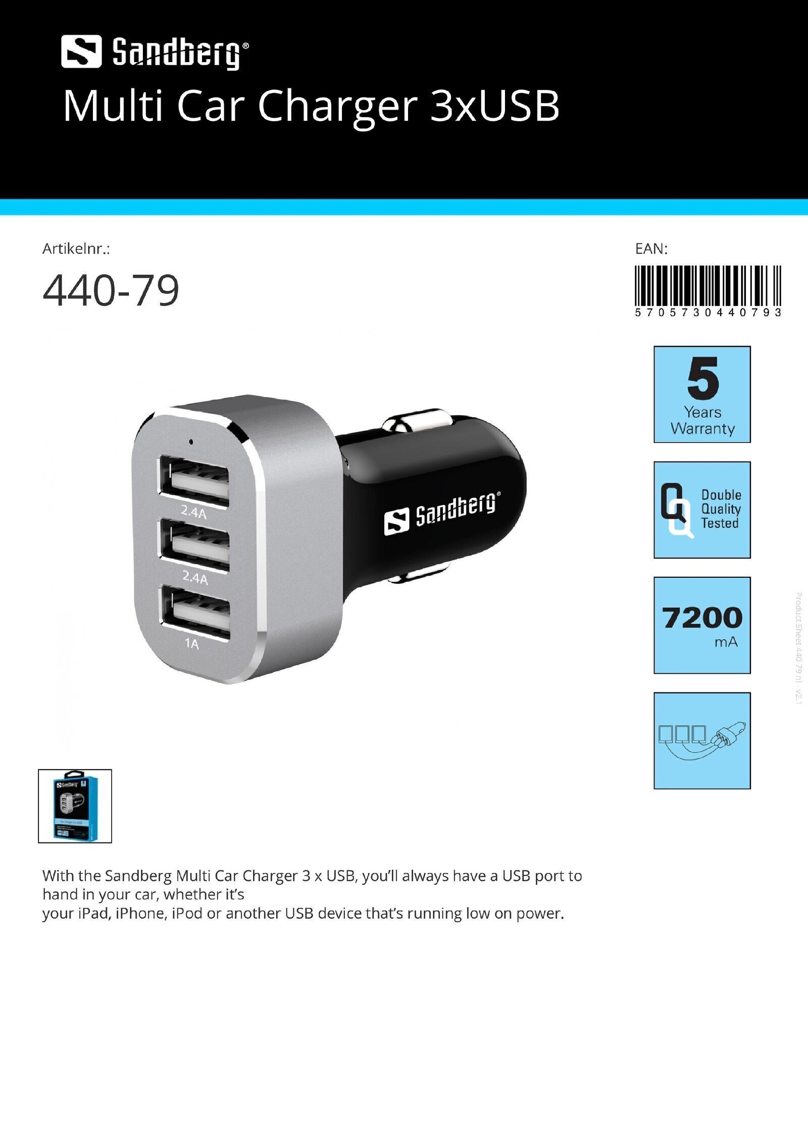Multi Car Charger 3x USB lader MP4, Smartphone, Tablet - nr. 1