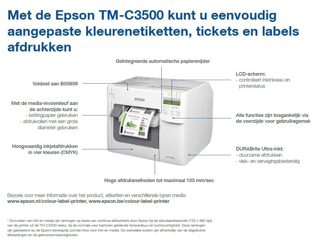 Epson ColorWorks C3500 colour label printer cutter disp USB Ethernet NiceLabel wit C31CD54012CD - Afbeelding 5