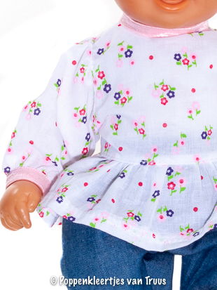 Chou Chou 36 cm Topje/broekje/bloem/wit/blauw - Afbeelding 2